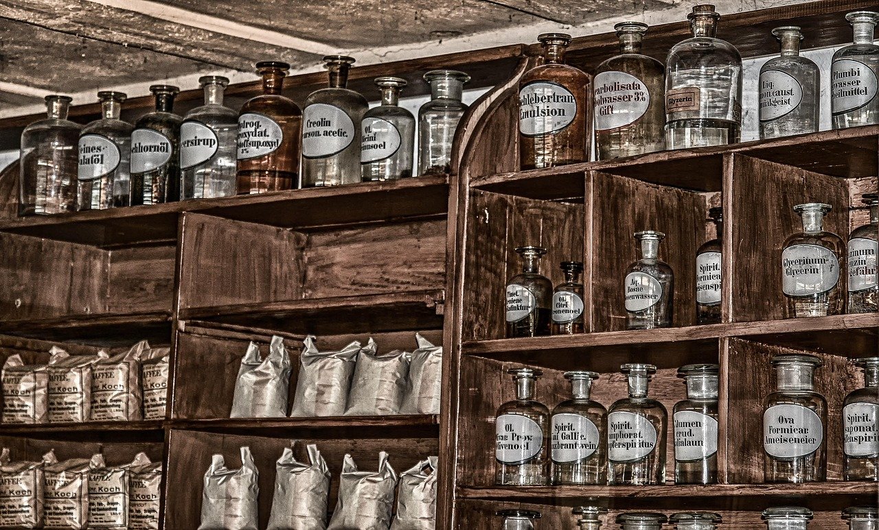 pharmacy, antique, old, chemicals, bottles, glass bottles, shelf, formerly, stock, container, bottle, drink, medicine, tools, heal, remedies