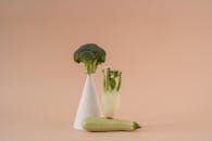 Artistic display of broccoli, fennel, and zucchini on a beige background.