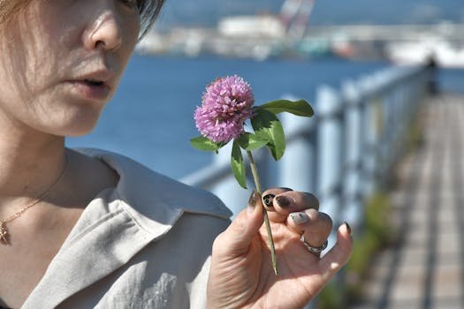 A close-up of a woman holding a pink clover flower by a waterfront on a sunny day.