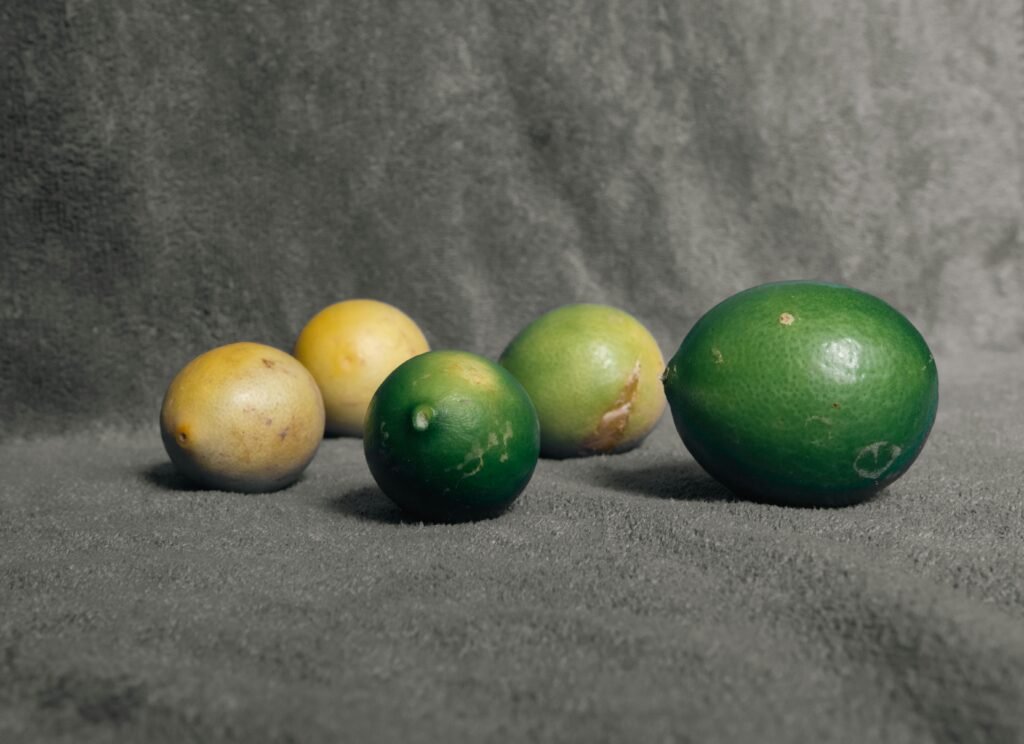 A collection of fresh citrus limon fruits displayed on a textured gray surface, showcasing natural colors.