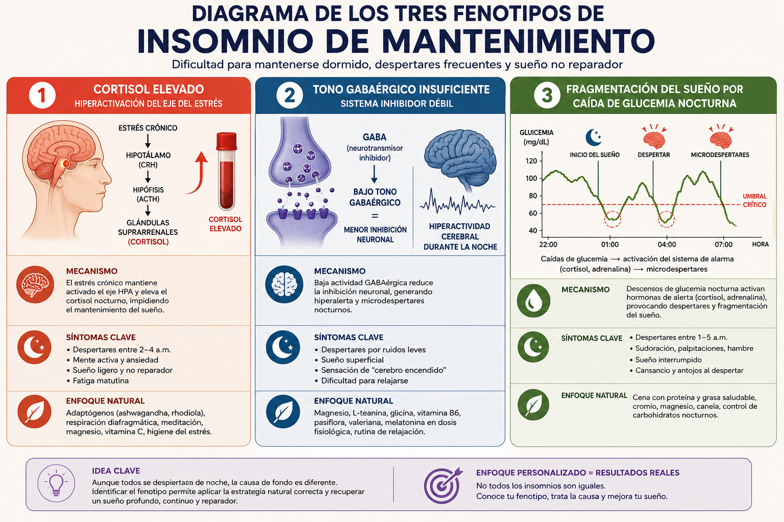 Fenotipos de despertar nocturno en el insomnio de mantenimiento Diagrama de los tres fenotipos de insomnio de mantenimiento: cortisol elevado, tono GABAérgico insuficiente y fragmentación del sueño por caída de glucemia nocturna