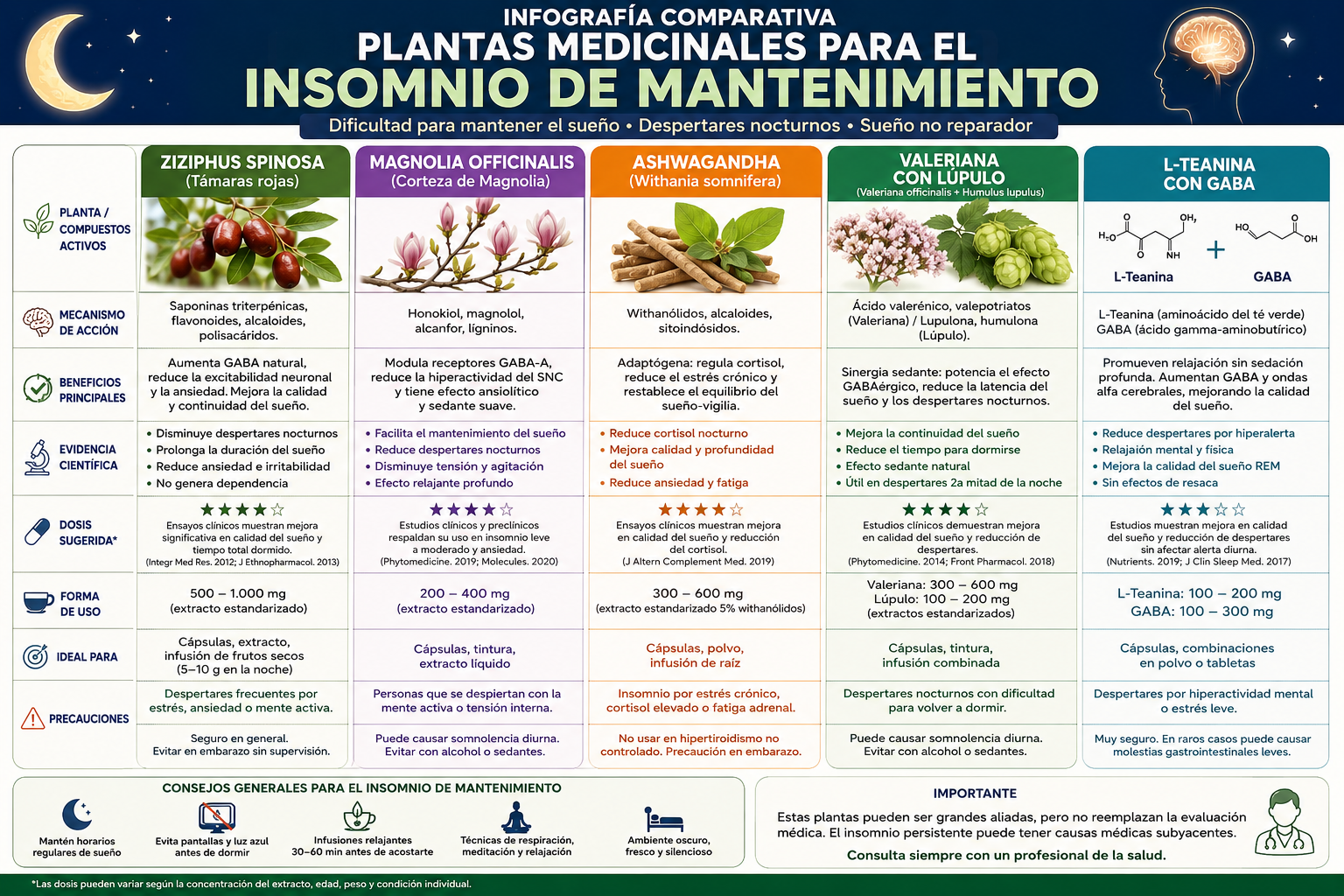Fitoterapia comparada para el insomnio de mantenimiento Infografía comparativa de plantas medicinales para el insomnio de mantenimiento: Ziziphus spinosa, Magnolia officinalis, Ashwagandha, valeriana con lúpulo y L-teanina con GABA