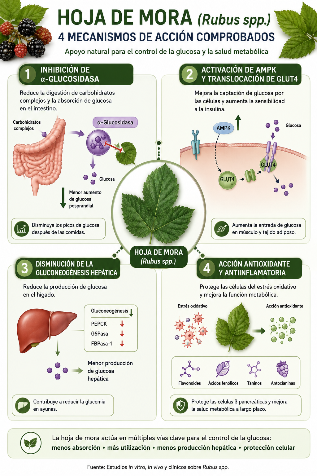 Infografía de los 4 mecanismos de acción de la hoja de mora: α-glucosidasa, AMPK/GLUT4, gluconeogénesis, antioxidante